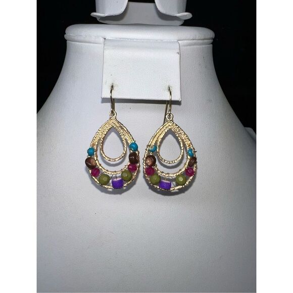 Boho Gold Tone and Beaded Teardrop Dangle Earrings - Picture 4 of 8